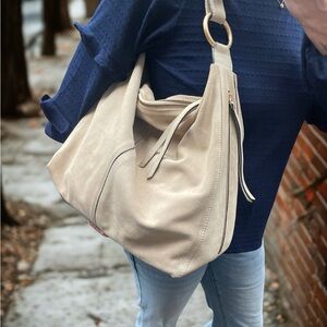 Italian Suede Hobo Shoulder Bag Taupe Slouchy Tote Anthropologie